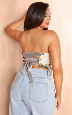 Plus Ecru Scenery Printed Denim Lace Up Back Corset