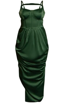 Plus Emerald Green Constructed Satin Bonded Midi Dress