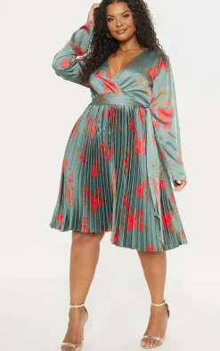 Plus Emerald Green Floral Print Long Sleeve Pleated Midi Dress