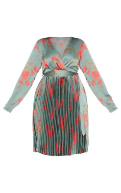 Plus Emerald Green Floral Print Long Sleeve Pleated Midi Dress