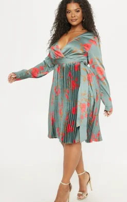 Plus Emerald Green Floral Print Long Sleeve Pleated Midi Dress
