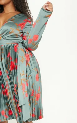 Plus Emerald Green Floral Print Long Sleeve Pleated Midi Dress