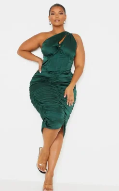 Plus Emerald Green One Shoulder Corset Ruched Satin Midi Dress