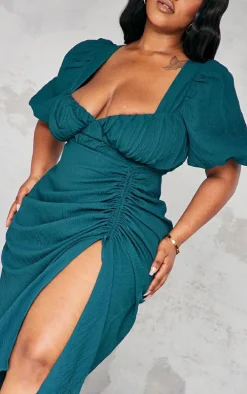 Plus Emerald Green Puff Sleeve Ruched Side Split Midi Dress