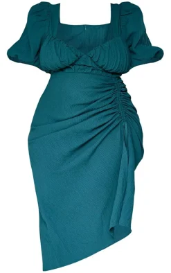 Plus Emerald Green Puff Sleeve Ruched Side Split Midi Dress