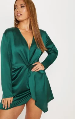 Plus Emerald Green Satin Long Sleeve Wrap Dress