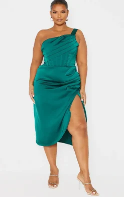 Plus Emerald Green Satin Drape Detail Side Split Midi Dress