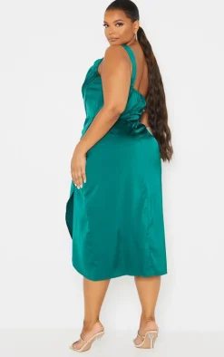 Plus Emerald Green Satin Drape Detail Side Split Midi Dress