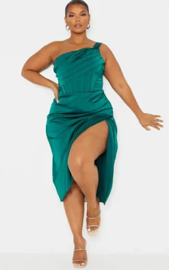 Plus Emerald Green Satin Drape Detail Side Split Midi Dress