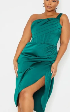 Plus Emerald Green Satin Drape Detail Side Split Midi Dress
