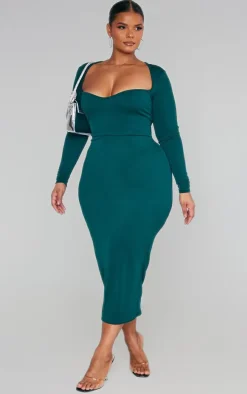 Plus Emerald Green Sweetheart Neck Long Sleeve Midi Dress