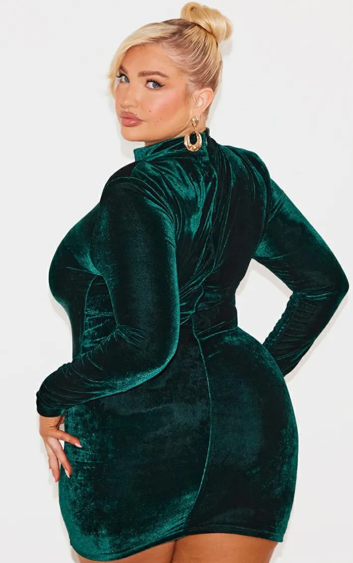 Plus Emerald Green Velour High Neck Long Sleeve Mini Dress