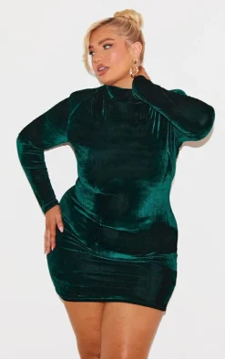 Plus Emerald Green Velour High Neck Long Sleeve Mini Dress