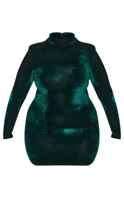 Plus Emerald Green Velour High Neck Long Sleeve Mini Dress