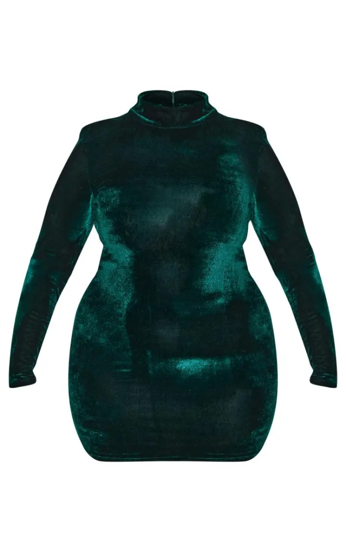 Plus Emerald Green Velour High Neck Long Sleeve Mini Dress