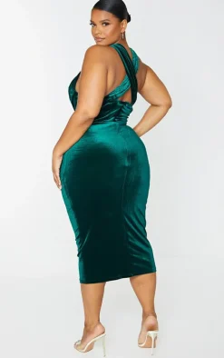 Plus Emerald Green Velvet Underwired Cross Front Midi Dress