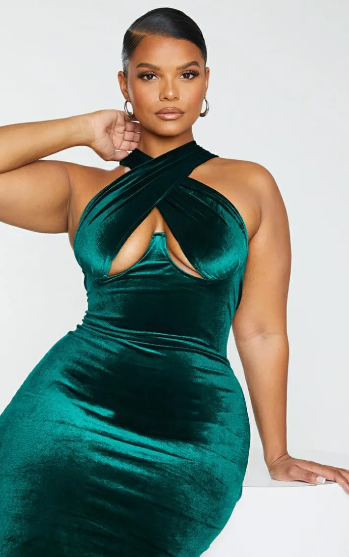 Plus Emerald Green Velvet Underwired Cross Front Midi Dress