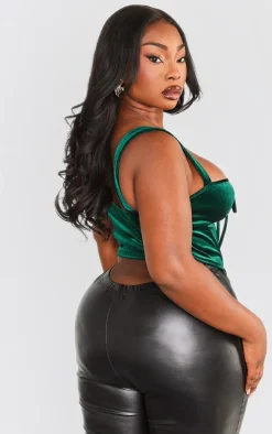 Plus Emerald Green Velvet Tie Front Boned Corset