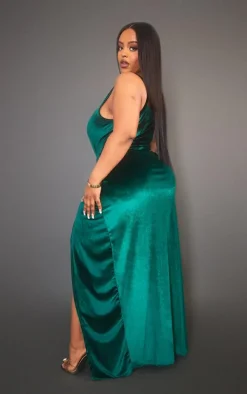 Plus Emerald Green Velvet Side Split Midi Dress
