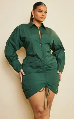 Plus Forest Green Oversized Shirt Ruched Bodycon Dress