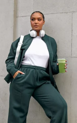 Plus Forest Green Seam Detail Zip Through Oversized Track Top