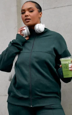 Plus Forest Green Seam Detail Zip Through Oversized Track Top