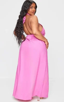 Plus Fuchsia Linen Look Knot Halterneck Maxi Dress