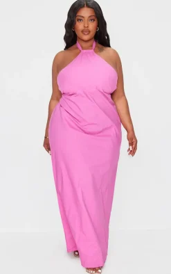 Plus Fuchsia Linen Look Knot Halterneck Maxi Dress