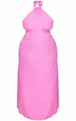 Plus Fuchsia Linen Look Knot Halterneck Maxi Dress