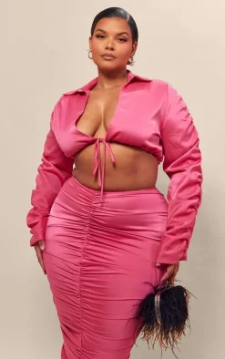 Plus Fuchsia Ruched Satin Sleeve Cropped Shirt
