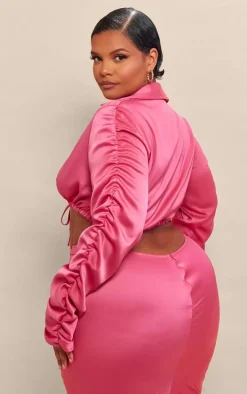 Plus Fuchsia Ruched Satin Sleeve Cropped Shirt