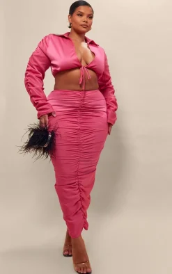 Plus Fuchsia Ruched Satin Sleeve Cropped Shirt