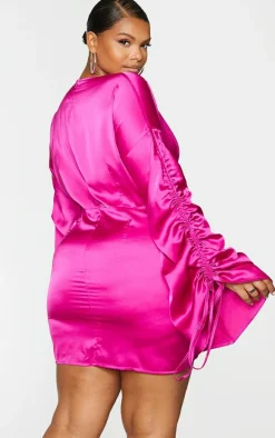 Plus Fuchsia Satin Plunge Ruched Front Dress