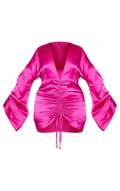 Plus Fuchsia Satin Plunge Ruched Front Dress