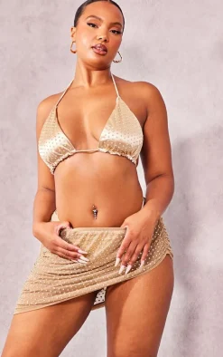 Plus Gold Diamante Mesh Ruched Beach Skirt