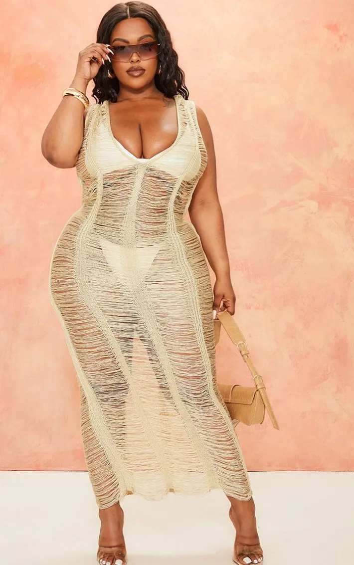 Plus Gold Metallic Distressed Maxi Dress