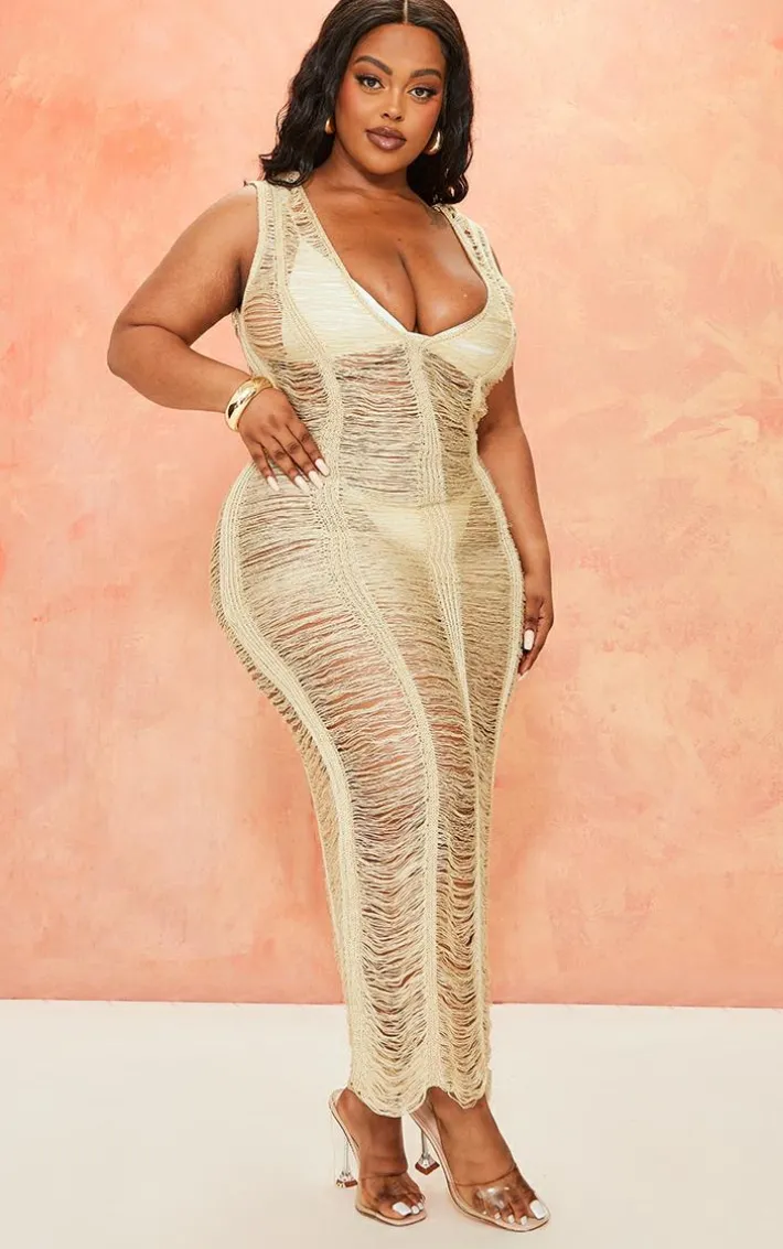 Plus Gold Metallic Distressed Maxi Dress