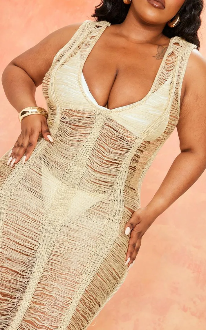 Plus Gold Metallic Distressed Maxi Dress