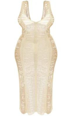 Plus Gold Metallic Distressed Maxi Dress