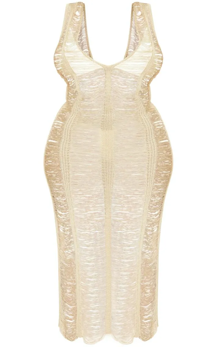 Plus Gold Metallic Distressed Maxi Dress