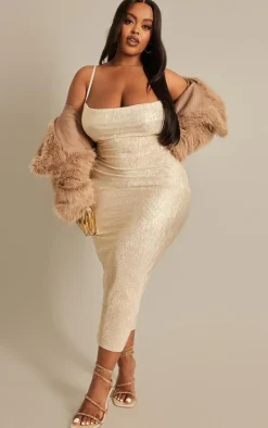 Plus Gold Textured Glitter Cowl Neck Midi Dress