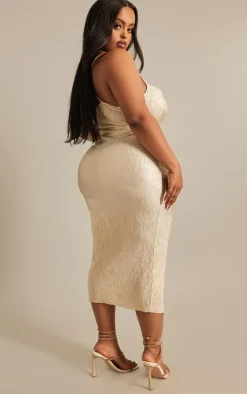 Plus Gold Textured Glitter Cowl Neck Midi Dress