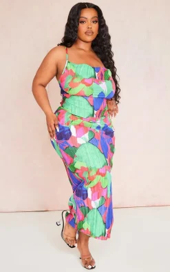 Plus Green Abstract Floral Plisse Strappy Midi Dress