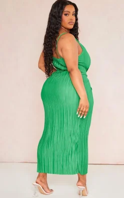 Plus Green Abstract Plisse Strappy Midi Dress