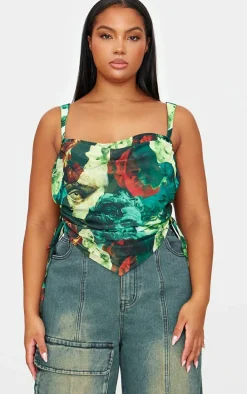 Plus Green Abstract Print Mesh Layered Corset Top