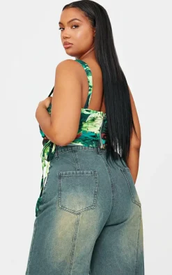 Plus Green Abstract Print Mesh Layered Corset Top