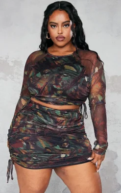 Plus Green Abstract Printed Ruched Mesh Crop Top