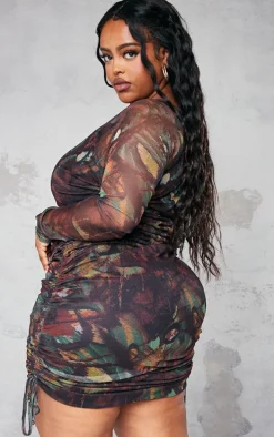 Plus Green Abstract Printed Ruched Mesh Crop Top