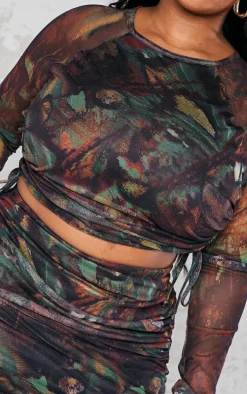 Plus Green Abstract Printed Ruched Mesh Crop Top