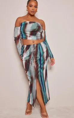 Plus Green Abstract Printed Ruched Maxi Skirt